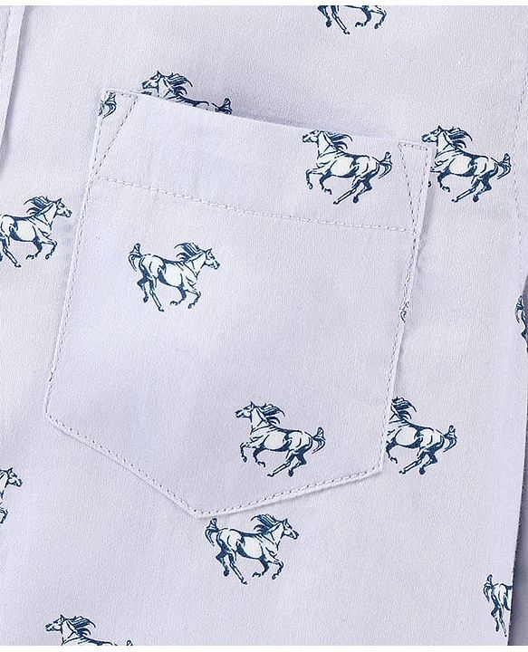 Pine Kids Full Sleeves Horse Print Shirt With Soft Hand Feel Cotton- Blue