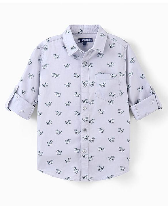 Pine Kids Full Sleeves Horse Print Shirt With Soft Hand Feel Cotton- Blue