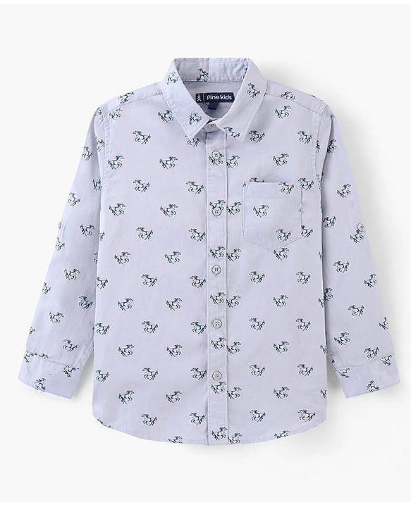 Pine Kids Full Sleeves Horse Print Shirt With Soft Hand Feel Cotton- Blue