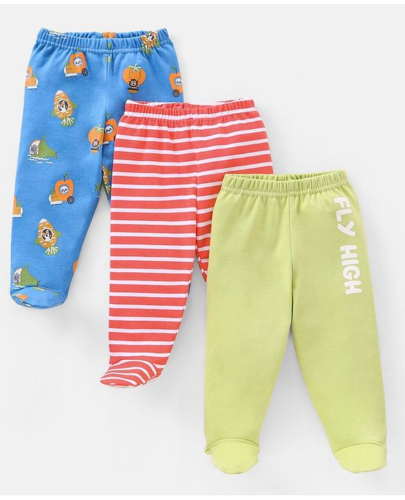Babyhug Cotton Full Length Bootie Pants Stripes & Fruit Print Pack Of 3- Green & Blue