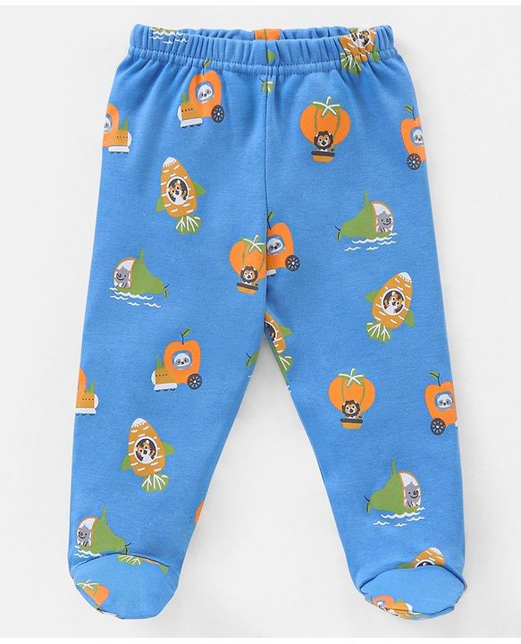 Babyhug Cotton Full Length Bootie Pants Stripes & Fruit Print Pack Of 3- Green & Blue