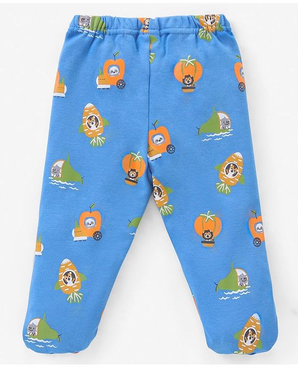 Babyhug Cotton Full Length Bootie Pants Stripes & Fruit Print Pack Of 3- Green & Blue