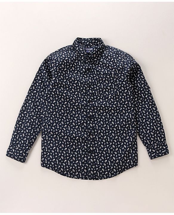 Pine Kids Cotton Full Sleeves Shirt With Sleeve Turn Up Floral Print - Navy Blue