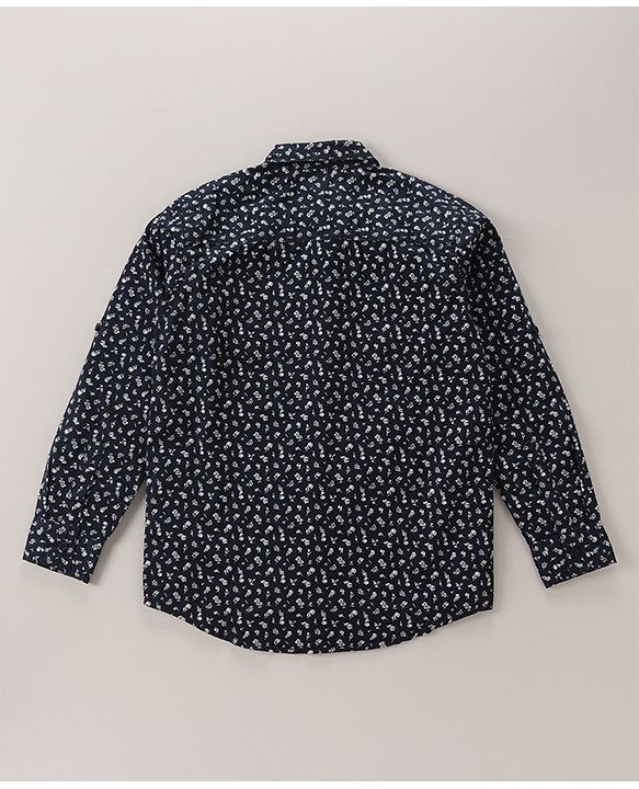 Pine Kids Cotton Full Sleeves Shirt With Sleeve Turn Up Floral Print - Navy Blue