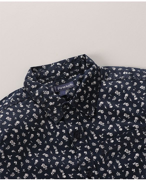 Pine Kids Cotton Full Sleeves Shirt With Sleeve Turn Up Floral Print - Navy Blue
