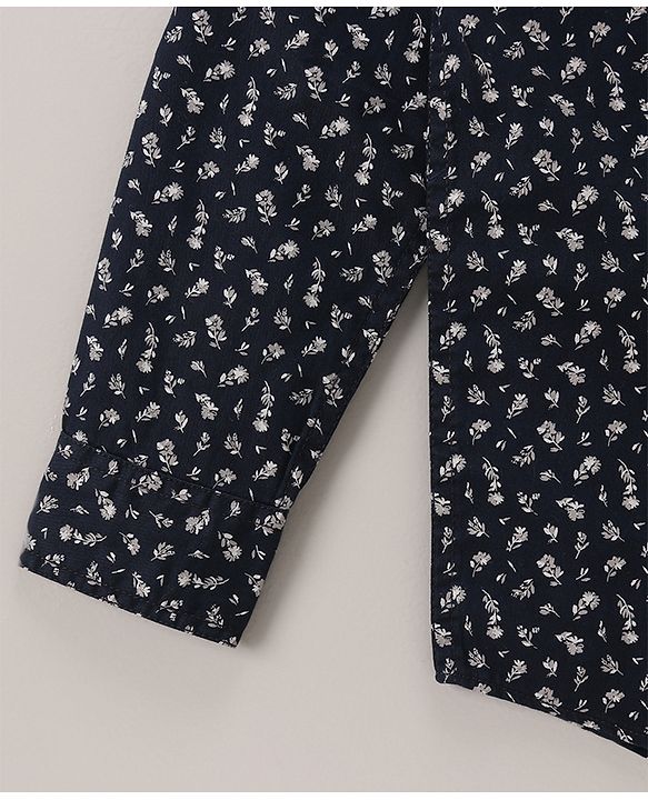 Pine Kids Cotton Full Sleeves Shirt With Sleeve Turn Up Floral Print - Navy Blue