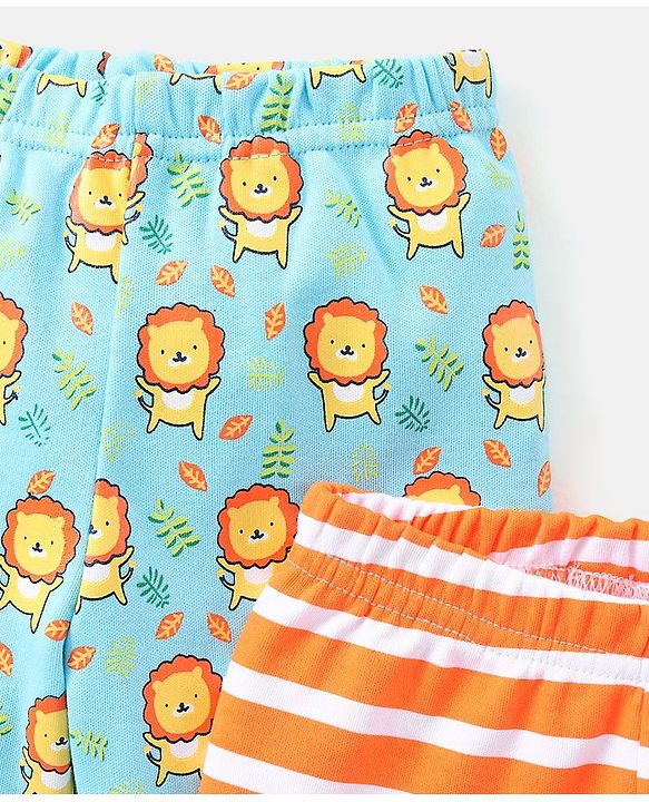 Babyhug Cotton Full Length Bootie Pants Stripes & Lion Print Pack Of 3- Blue & Orange