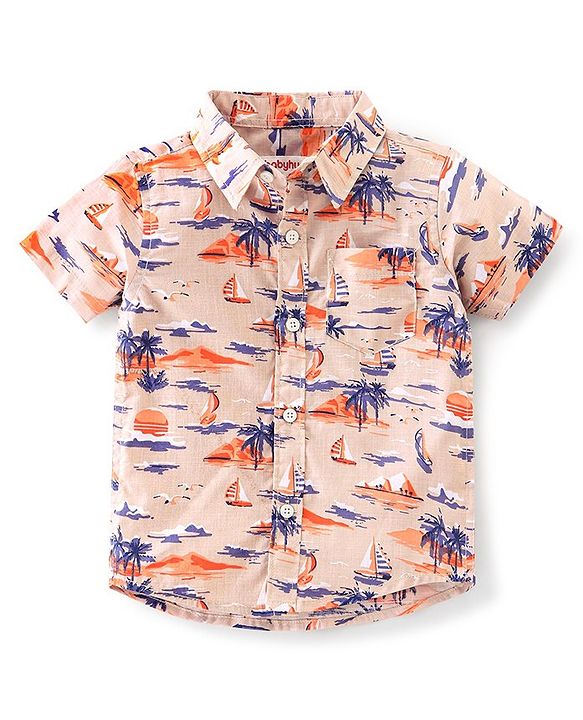Babyhug Cotton Half Sleeve Shirt Boat Print - Off White