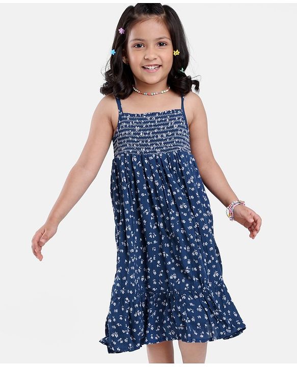 Babyhug 100% Viscose Sleeveless Floral Print Frock with Cotton Lining - Navy Blue