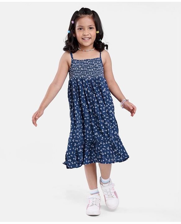 Babyhug 100% Viscose Sleeveless Floral Print Frock with Cotton Lining - Navy Blue