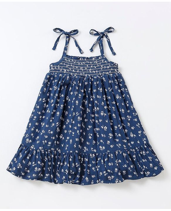 Babyhug 100% Viscose Sleeveless Floral Print Frock with Cotton Lining - Navy Blue