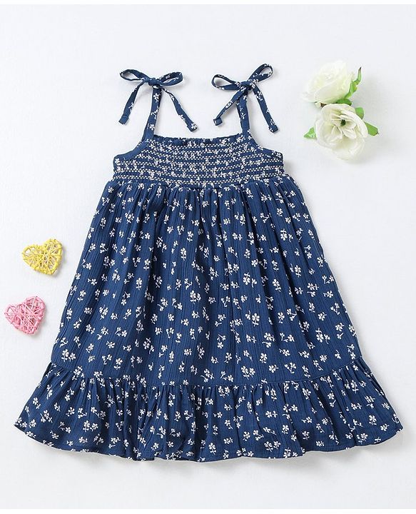 Babyhug 100% Viscose Sleeveless Floral Print Frock with Cotton Lining - Navy Blue