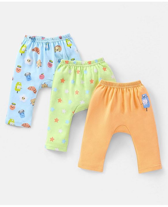 Babyhug Cotton Full Length Diaper Pants Stars & Milk Print Pack Of 3- Orange & Green