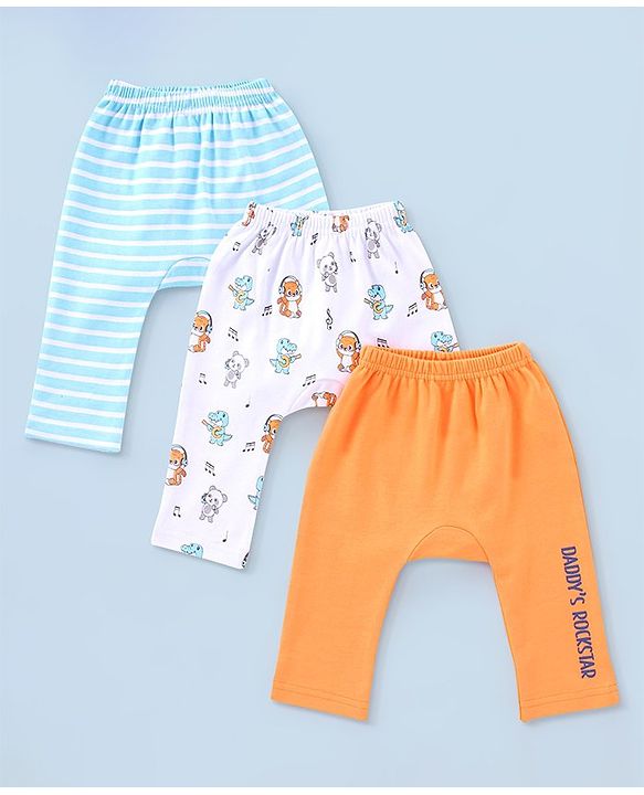 Babyhug Cotton Full Length Dino Print Diaper Leggings Pack Of 3 - Blue White & Orange