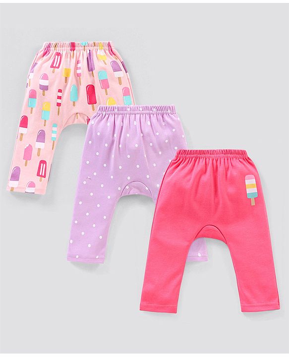 Babyhug Cotton Knit Full Length Striped Diaper Leggings Ice Cream Theme Print Pack of 3 - Pink & Peach