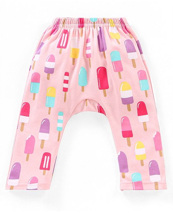 Babyhug Cotton Knit Full Length Striped Diaper Leggings Ice Cream Theme Print Pack of 3 - Pink & Peach