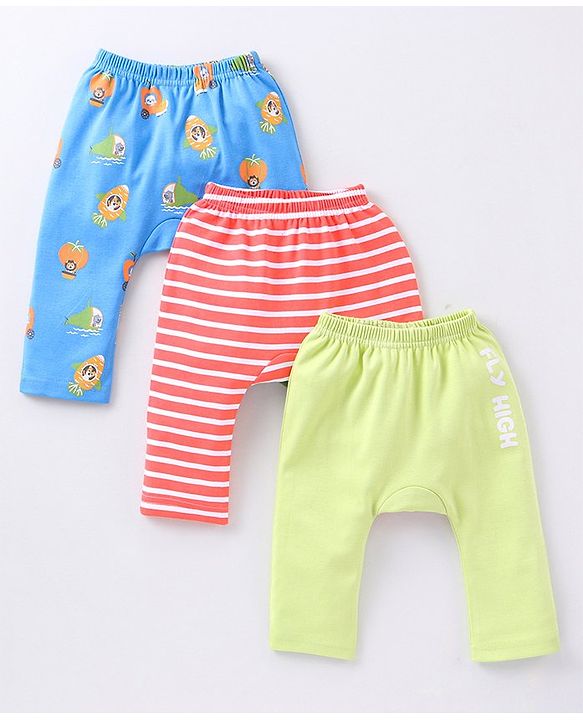 Babyhug Cotton Full Length Diaper Pants Wild Animals & Stripes Print Pack Of 3- Red Green & Blue