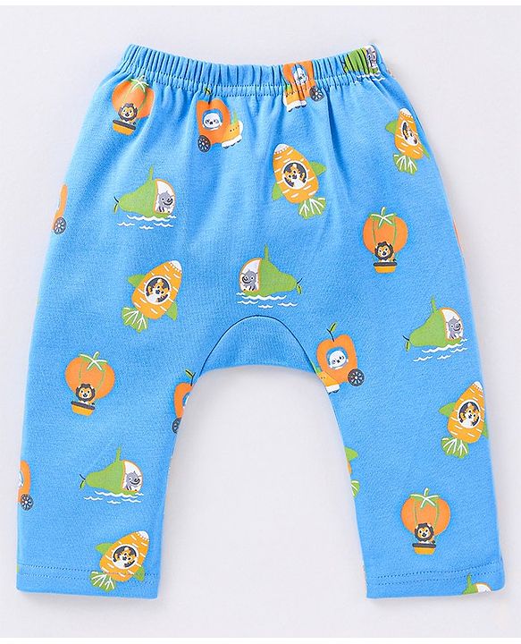 Babyhug Cotton Full Length Diaper Pants Wild Animals & Stripes Print Pack Of 3- Red Green & Blue