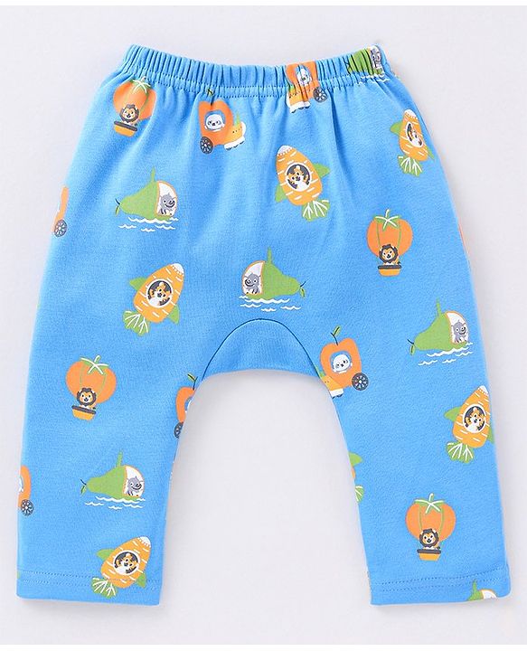 Babyhug Cotton Full Length Diaper Pants Wild Animals & Stripes Print Pack Of 3- Red Green & Blue