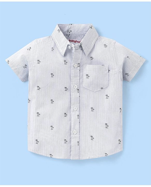 Babyhug 100% Cotton Woven Half Sleeve Regular Collar Striped Shirt Palm Tree Print - Blue