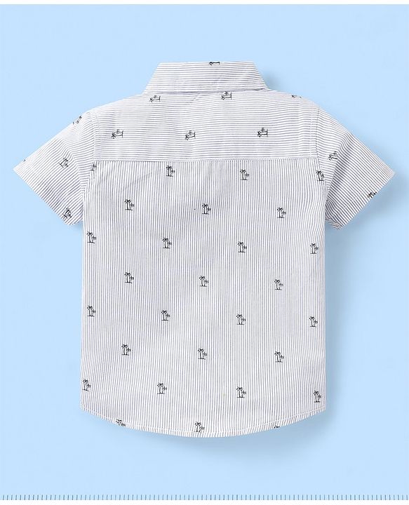 Babyhug 100% Cotton Woven Half Sleeve Regular Collar Striped Shirt Palm Tree Print - Blue