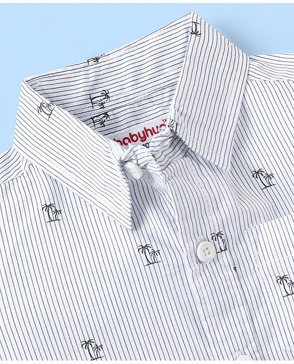 Babyhug 100% Cotton Woven Half Sleeve Regular Collar Striped Shirt Palm Tree Print - Blue