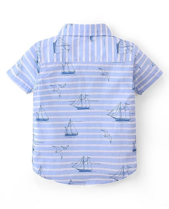 Babyhug 100% Cotton Half Sleeves Stripe with Boat Print Shirt - Blue