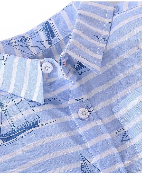 Babyhug 100% Cotton Half Sleeves Stripe with Boat Print Shirt - Blue