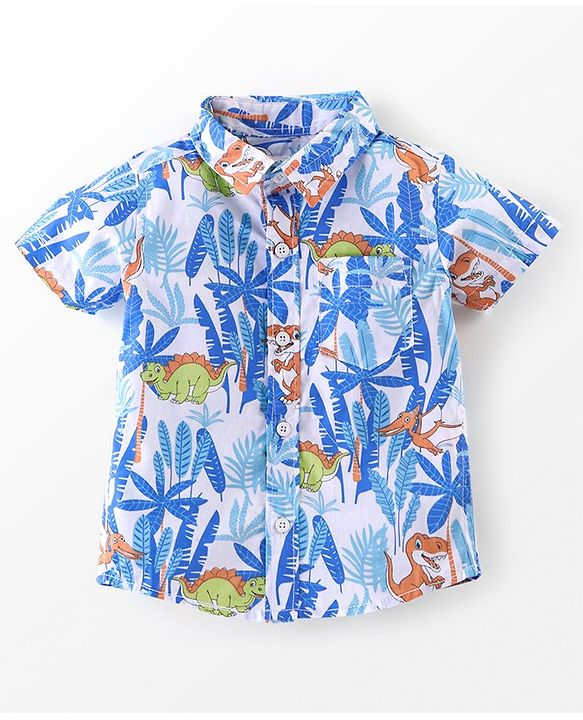 Babyhug 100% Cotton Half Sleeves Leaf Printed Shirt With Solid Inner T-Shirt - White Blue & Green