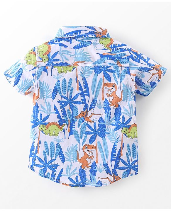Babyhug 100% Cotton Half Sleeves Leaf Printed Shirt With Solid Inner T-Shirt - White Blue & Green