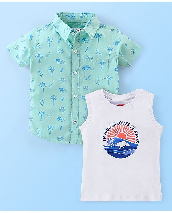 Babyhug 100% Cotton Half Sleeves Palm Tree Print Shirt with T-Shirt - Blue