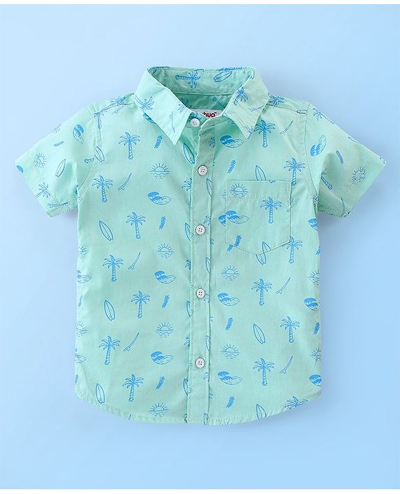 Babyhug 100% Cotton Half Sleeves Palm Tree Print Shirt with T-Shirt - Blue