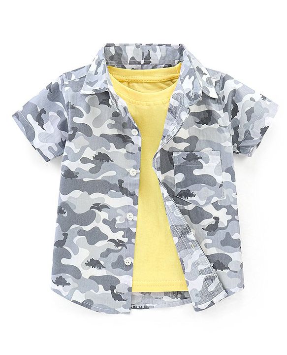 Babyhug 100% Cotton Woven Half Sleeves Regular Collar Camo Printed Shirt with Half Sleeves T-Shirt - Grey & Yellow