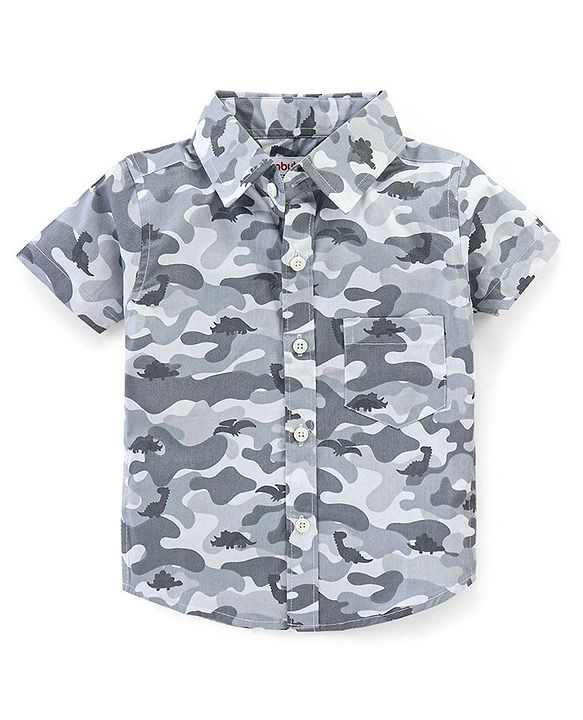 Babyhug 100% Cotton Woven Half Sleeves Regular Collar Camo Printed Shirt with Half Sleeves T-Shirt - Grey & Yellow