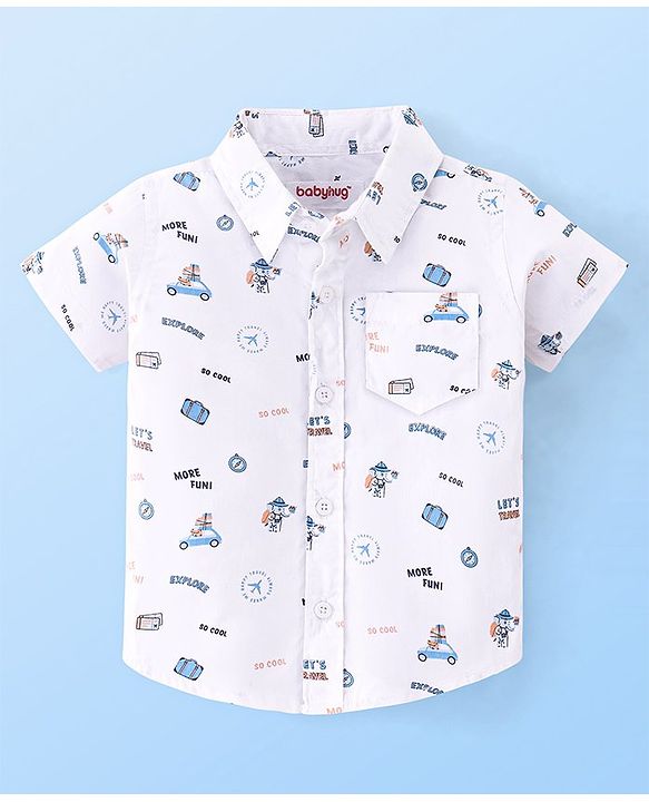 Babyhug 100% Cotton Woven Half Sleeves Shirt with Inner T-Shirt with Always Travel Print - White