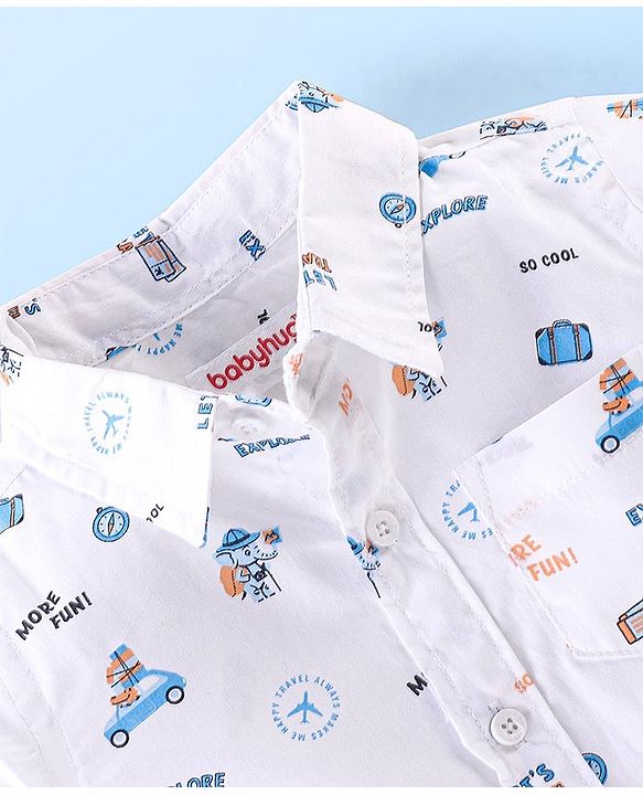 Babyhug 100% Cotton Woven Half Sleeves Shirt with Inner T-Shirt with Always Travel Print - White