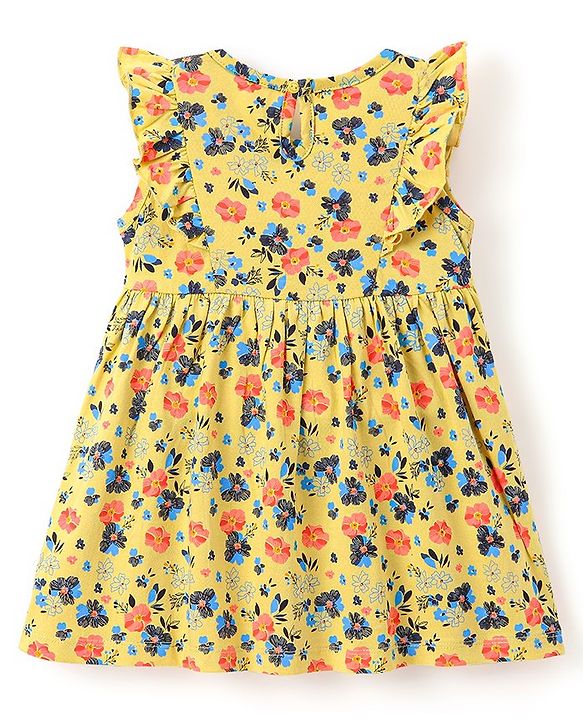 Babyhug 100% Cotton Sleeveless Frock With Bow Applique & Floral Print - Yellow