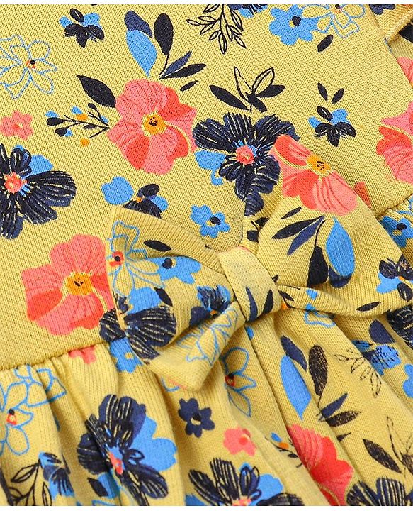 Babyhug 100% Cotton Sleeveless Frock With Bow Applique & Floral Print - Yellow