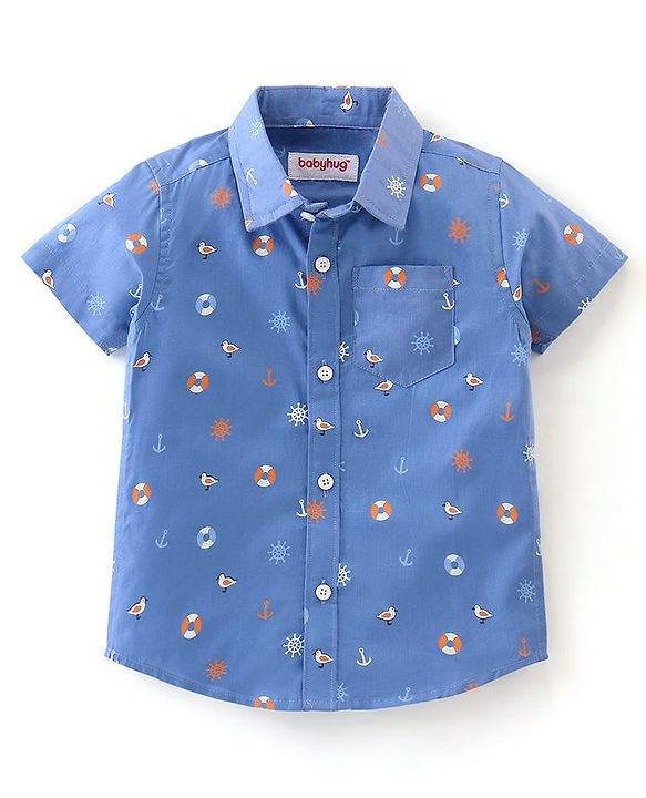 Babyhug 100% Cotton Half Sleeves Bird Print Shirt - Blue