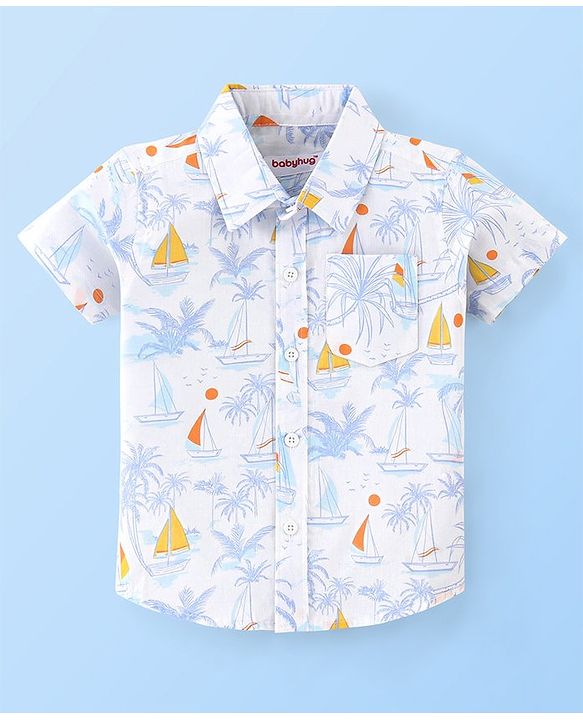 Babyhug 100% Cotton Woven Half Sleeves Regular Collar One Pocket Shirt Tropical Print - White