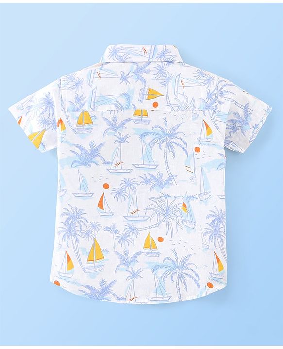 Babyhug 100% Cotton Woven Half Sleeves Regular Collar One Pocket Shirt Tropical Print - White