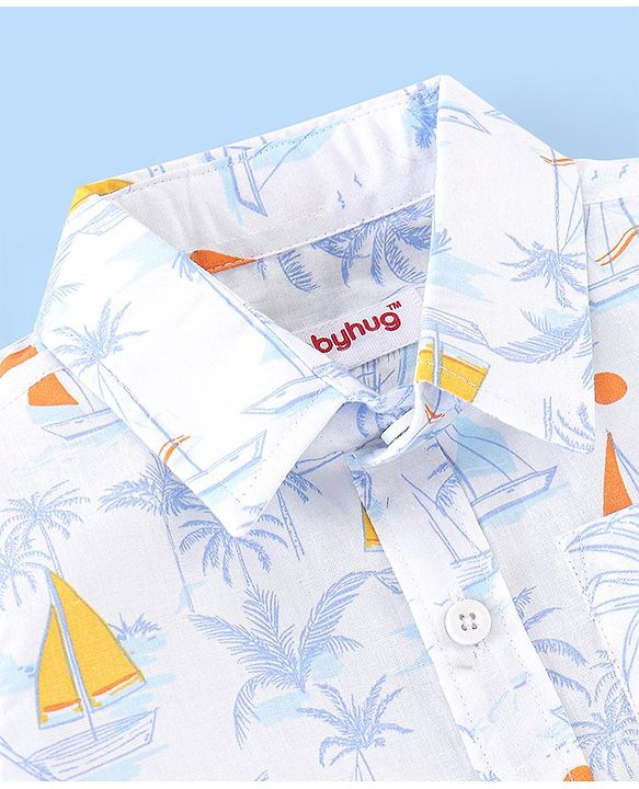 Babyhug 100% Cotton Woven Half Sleeves Regular Collar One Pocket Shirt Tropical Print - White