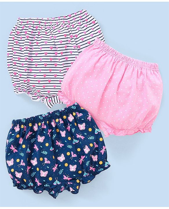 Babyhug Cotton Knit Bloomers Heart & Butterfly Print Pack of 3 - Pink White & Blue