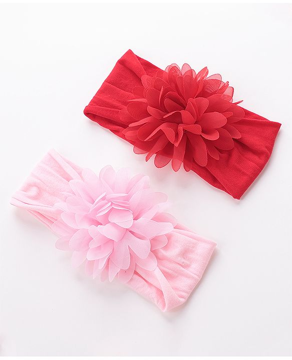 Babyhug Free Size Headbands with Flower Applique Pack of 2 - Pink & Red
