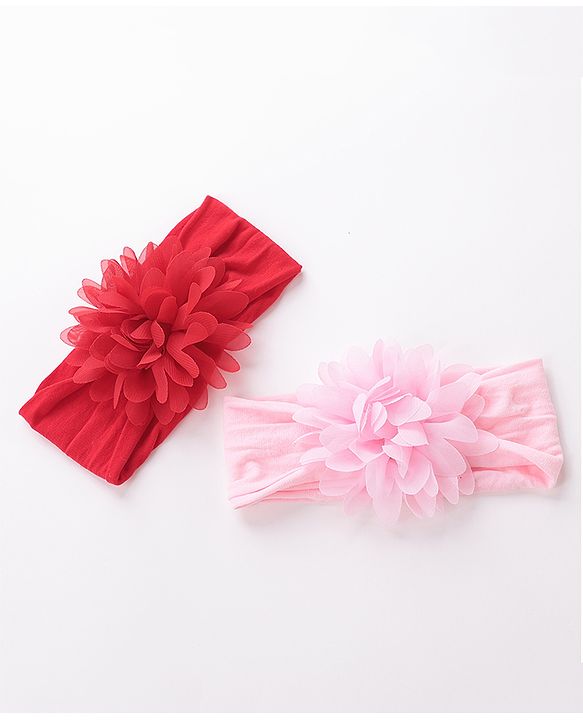 Babyhug Free Size Headbands with Flower Applique Pack of 2 - Pink & Red