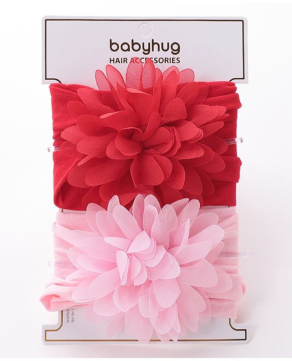 Babyhug Free Size Headbands with Flower Applique Pack of 2 - Pink & Red