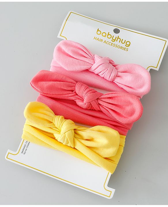 Babyhug Free Size Headbands with Bow Applique Pack of 3 - Pink & Yellow
