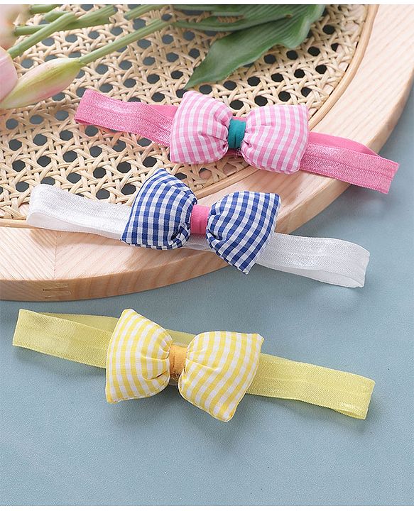 Babyhug Headbands with Bow Applique Free Size Pack of 3 - Yellow Blue & Pink