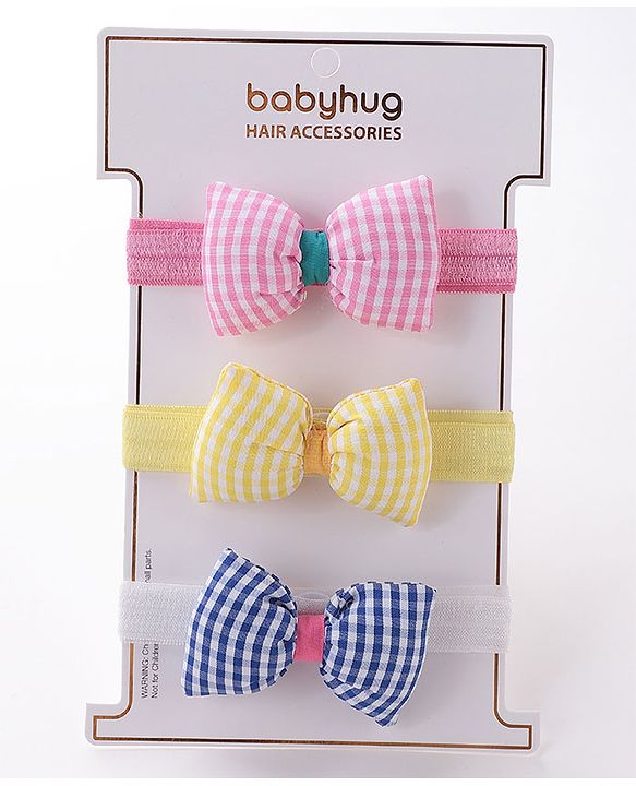 Babyhug Headbands with Bow Applique Free Size Pack of 3 - Yellow Blue & Pink