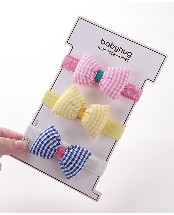Babyhug Headbands with Bow Applique Free Size Pack of 3 - Yellow Blue & Pink